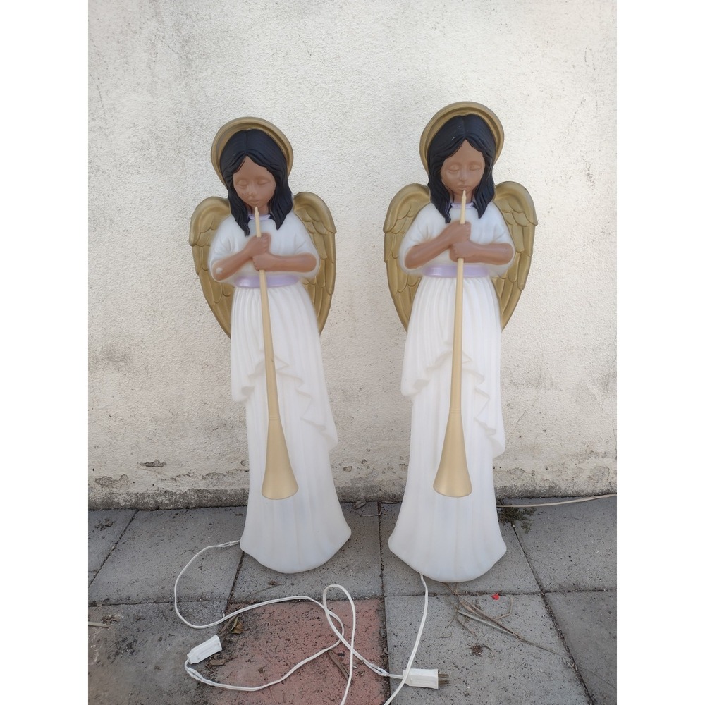 Vtg Angel Horn Blow Mold 34" Tall Lot Of 2 90's Gold Wings Christmas Tested